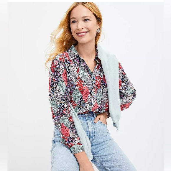 LOFT Tops - LOFT Patchwork Bloom floral women’s blouse XL red, purple, black, white, green